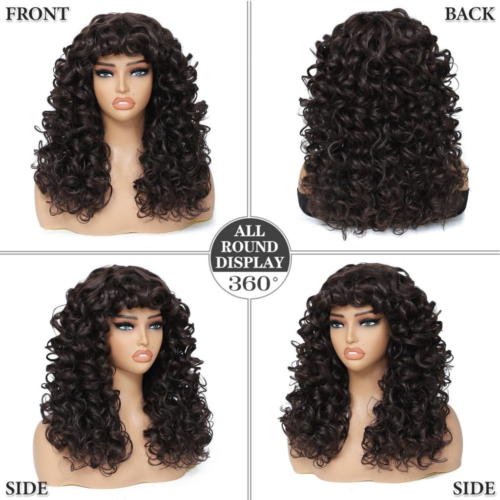 Curly Wigs for White Black Women 20 Inch Long Curly Afro Wig with Bangs Human Hair Wig - Wigtrends