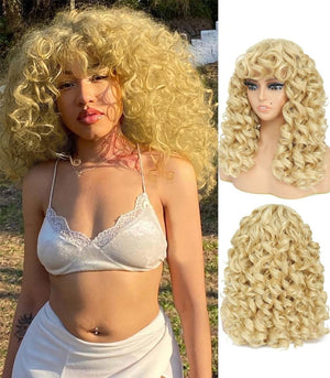 Curly Wigs for White Black Women 20 Inch Long Curly Afro Wig with Bangs Human Hair Wig - Wigtrends