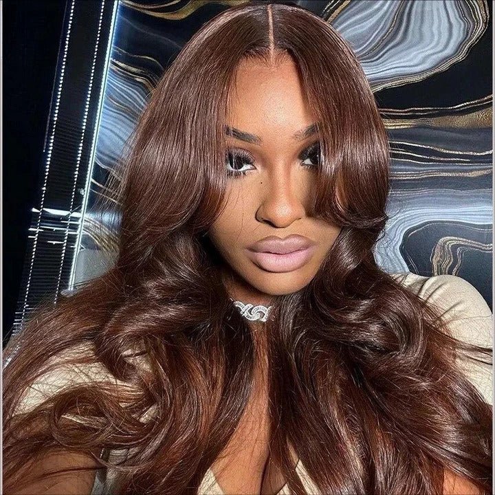 Curtain Bangs 13x4 HD Lace Body Wave Glueless Wig Butterfly Hair Cut Chestnut Brown Lace Wig - Wigtrends