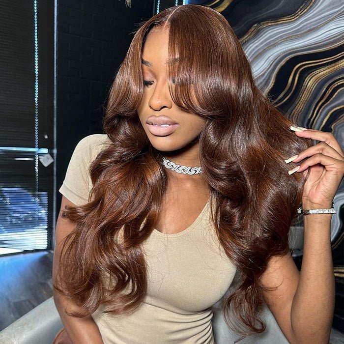 Curtain Bangs 13x4 HD Lace Body Wave Glueless Wig Butterfly Hair Cut Chestnut Brown Lace Wig - Wigtrends