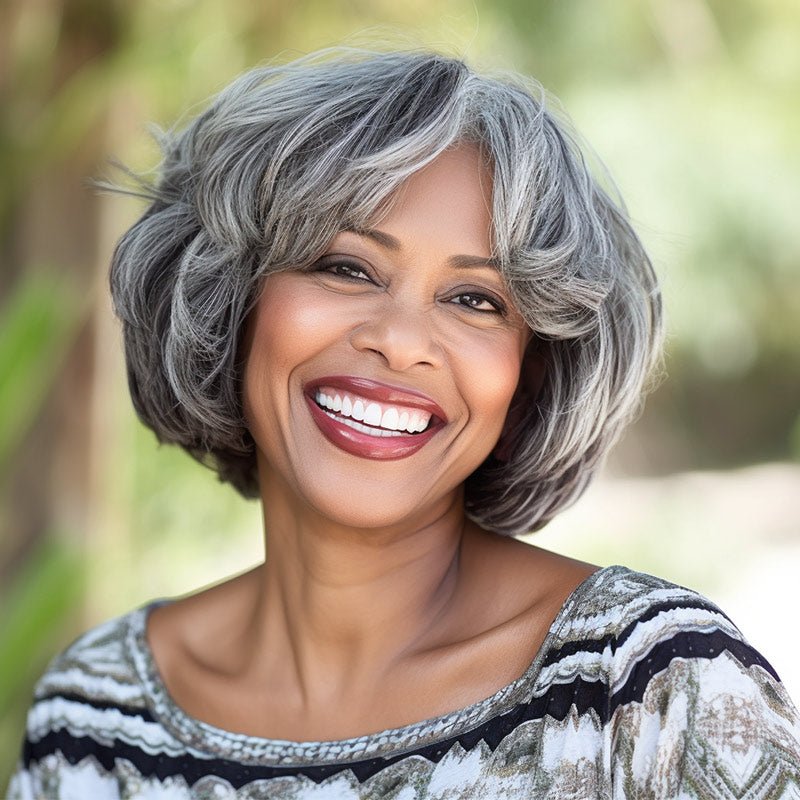 Custom Short Wavy Bob Salt & Pepper Color Glueless Human Hair Wigs For Senior Ladies - Wigtrends