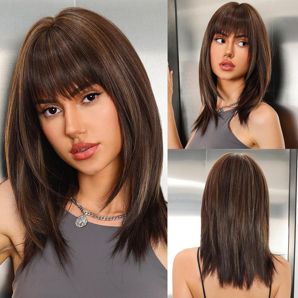 Dark Brown Wigs for Women layered Straight Wig with Bangs Natural Human Hair Wigs - Wigtrends