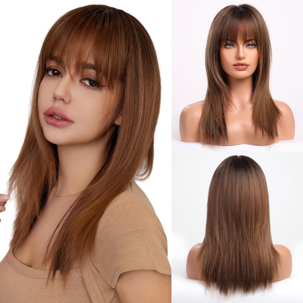 Dark Brown Wigs for Women layered Straight Wig with Bangs Natural Human Hair Wigs - Wigtrends