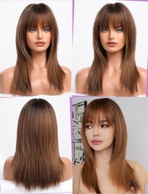 Dark Brown Wigs for Women layered Straight Wig with Bangs Natural Human Hair Wigs - Wigtrends