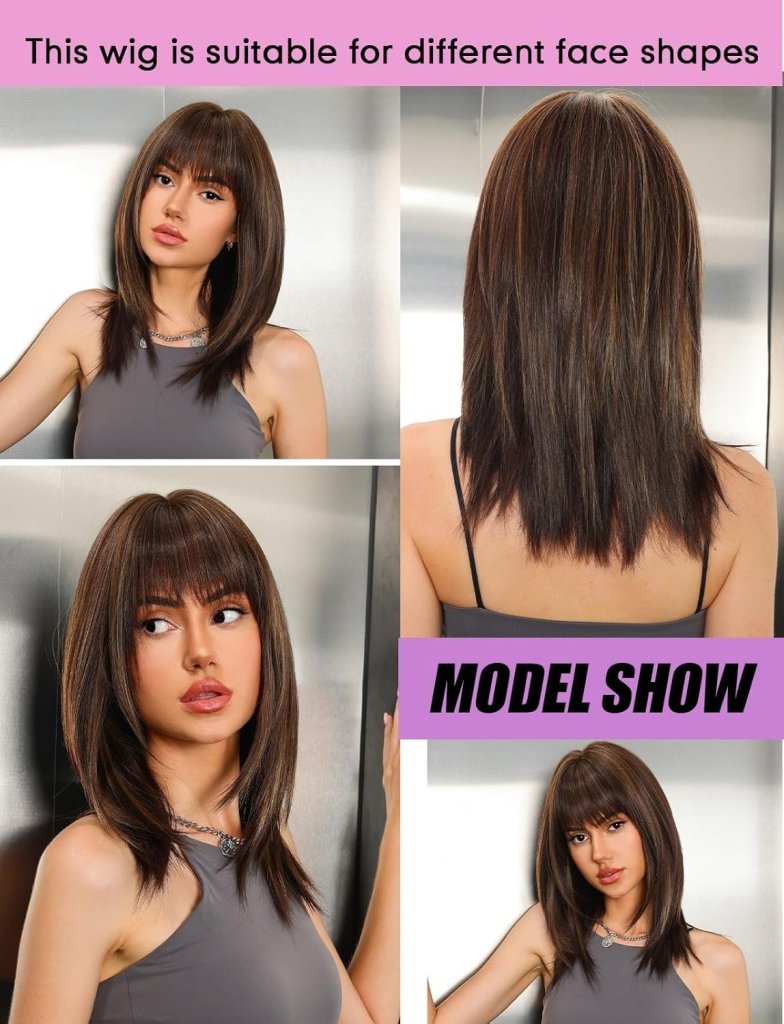 Dark Brown Wigs for Women layered Straight Wig with Bangs Natural Human Hair Wigs - Wigtrends