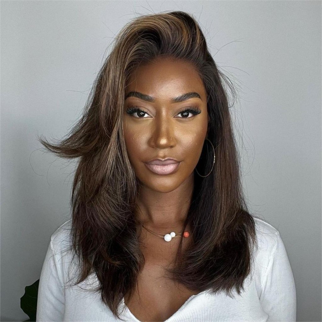 Dark Brown with Blonde Highlights Layered Wavy Lace Wig - Wigtrends