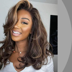 Dark Brown with Blonde Highlights Layered Wavy Lace Wig - Wigtrends