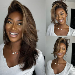 Dark Brown with Blonde Highlights Layered Wavy Lace Wig - Wigtrends