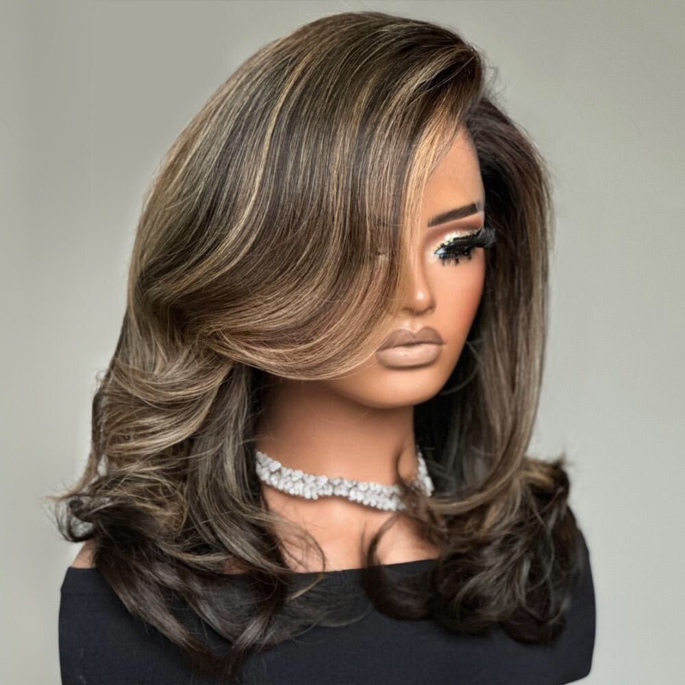 Dark Brown with Blonde Highlights Layered Wavy Lace Wig - Wigtrends