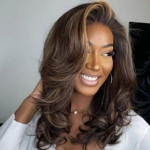 Dark Brown with Blonde Highlights Layered Wavy Lace Wig - Wigtrends