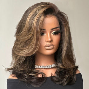 Dark Brown with Blonde Highlights Layered Wavy Lace Wig - Wigtrends