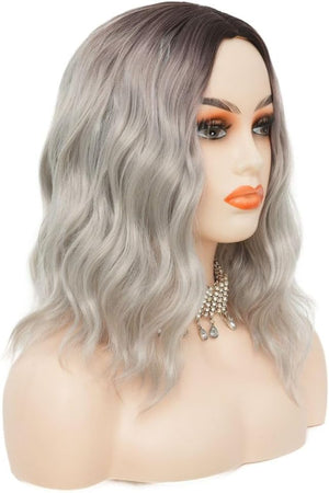 Dark Root Grey Short Curly Wigs for Women Shoulder Lenght Bob Wig Synthetic Heat Resistant Fiber Hair Wig for Daily Cosplay Use (Grey) - Wigtrends