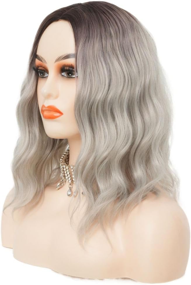 Dark Root Grey Short Curly Wigs for Women Shoulder Lenght Bob Wig Synthetic Heat Resistant Fiber Hair Wig for Daily Cosplay Use (Grey) - Wigtrends