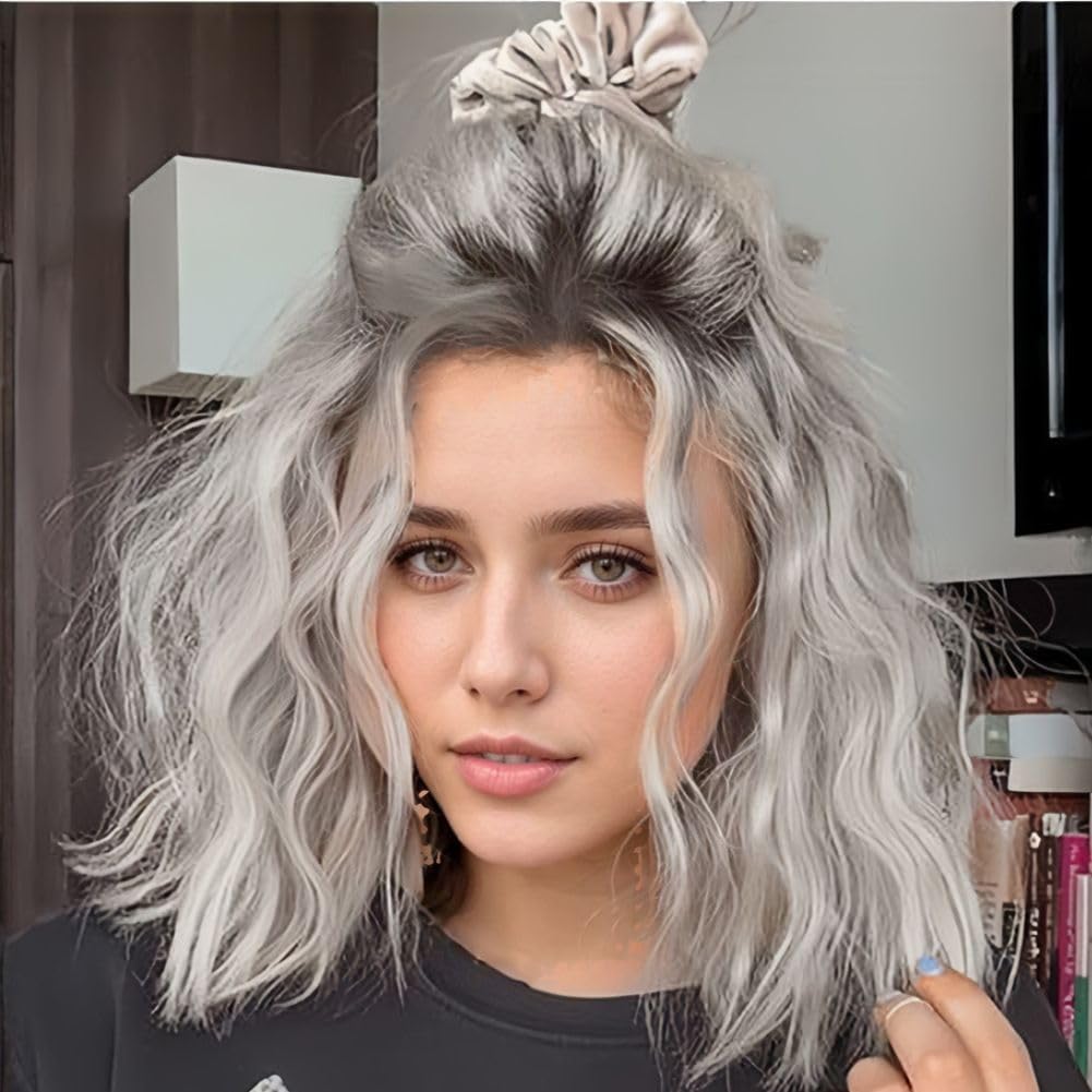 Dark Root Grey Short Curly Wigs for Women Shoulder Lenght Bob Wig Synthetic Heat Resistant Fiber Hair Wig for Daily Cosplay Use (Grey) - Wigtrends