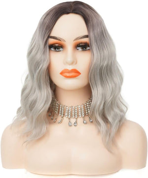 Dark Root Grey Short Curly Wigs for Women Shoulder Lenght Bob Wig Synthetic Heat Resistant Fiber Hair Wig for Daily Cosplay Use (Grey) - Wigtrends