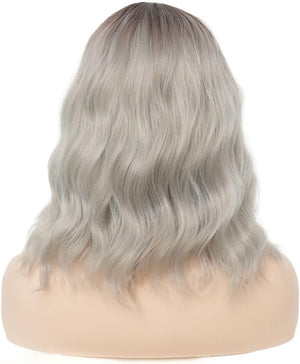 Dark Root Grey Short Curly Wigs for Women Shoulder Lenght Bob Wig Synthetic Heat Resistant Fiber Hair Wig for Daily Cosplay Use (Grey) - Wigtrends