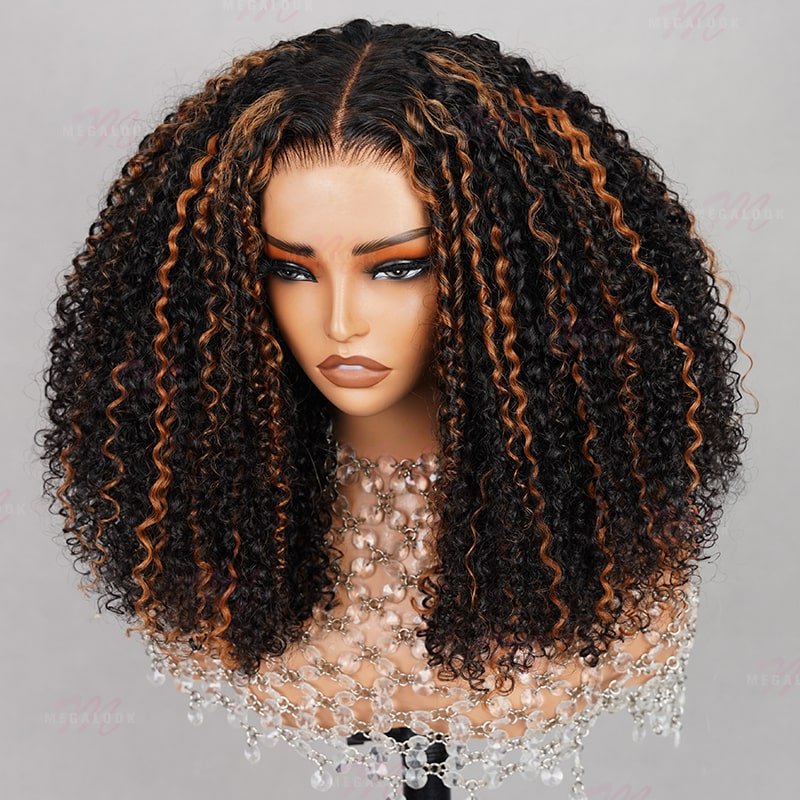 Deep Part Hairline Kinky Curl Natural Black/#1b/30 Balayage Middle part Glueless Pre - Cut Lace Closure Wig - Wigtrends