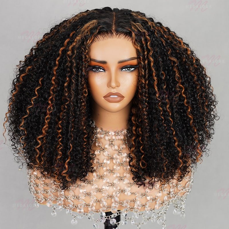 Deep Part Hairline Kinky Curl Natural Black/#1b/30 Balayage Middle part Glueless Pre - Cut Lace Closure Wig - Wigtrends