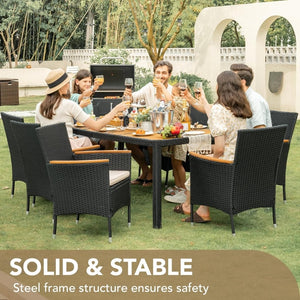 Devoko Dining 7 PCS Furniture, Patio Conversation Set with Acacia Wood Table Top, Rattan Outdoor, Black - Wigtrends