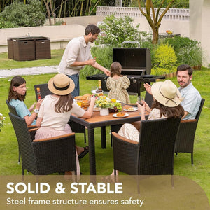 Devoko Dining 7 PCS Furniture, Patio Conversation Set with Acacia Wood Table Top, Rattan Outdoor, Black - Wigtrends