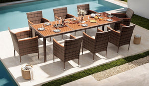 Devoko Dining 7 PCS Furniture, Patio Conversation Set with Acacia Wood Table Top, Rattan Outdoor, Black - Wigtrends