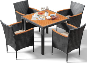 Devoko Dining 7 PCS Furniture, Patio Conversation Set with Acacia Wood Table Top, Rattan Outdoor, Black - Wigtrends