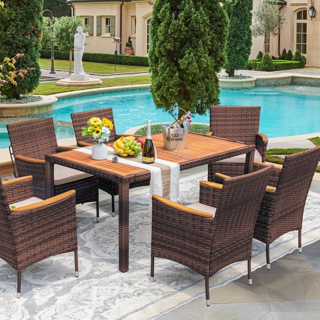 Devoko Dining 7 PCS Furniture, Patio Conversation Set with Acacia Wood Table Top, Rattan Outdoor, Black - Wigtrends