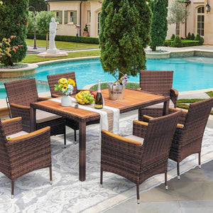 Devoko Dining 7 PCS Furniture, Patio Conversation Set with Acacia Wood Table Top, Rattan Outdoor, Black - Wigtrends