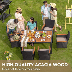 Devoko Dining 7 PCS Furniture, Patio Conversation Set with Acacia Wood Table Top, Rattan Outdoor, Black - Wigtrends
