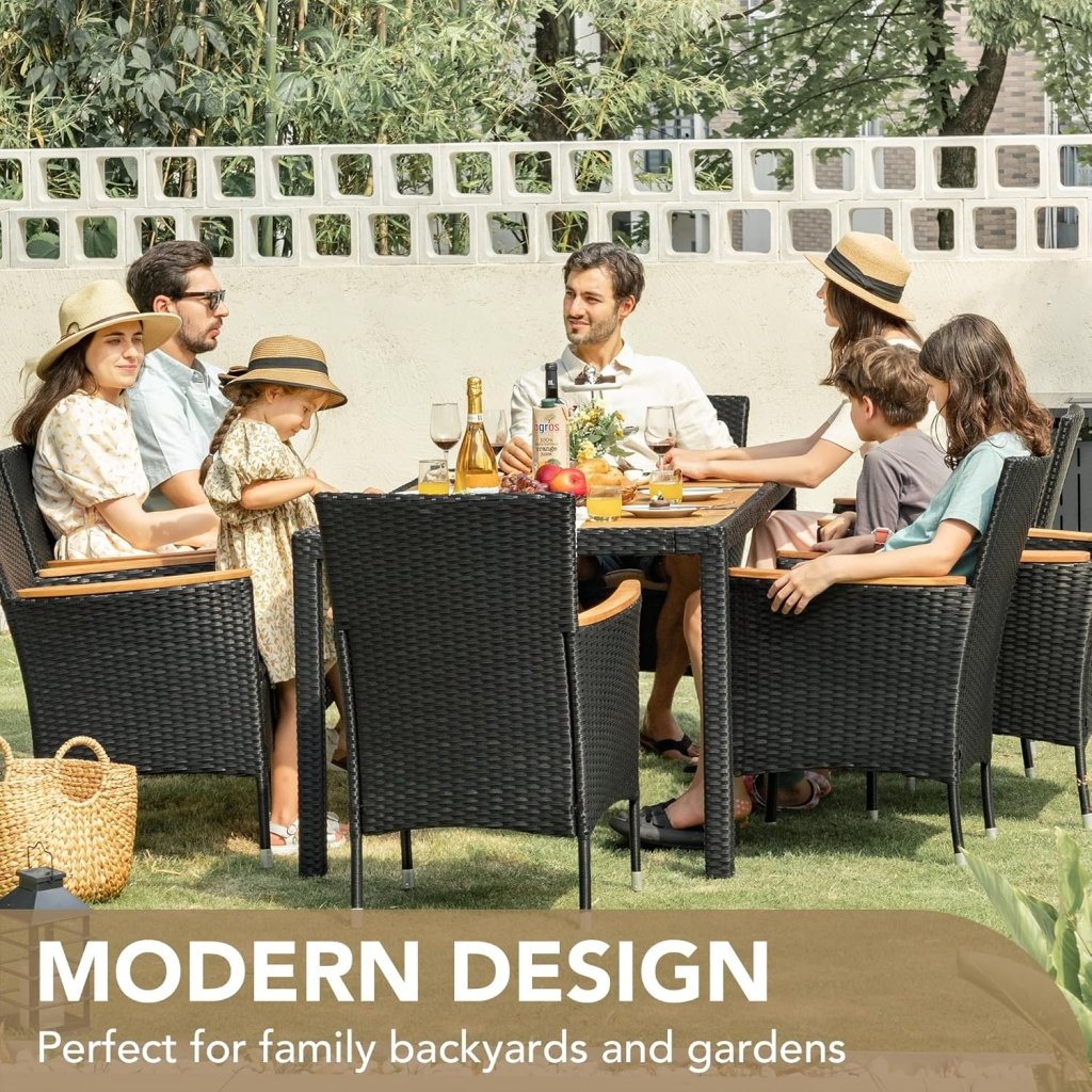 Devoko Dining 7 PCS Furniture, Patio Conversation Set with Acacia Wood Table Top, Rattan Outdoor, Black - Wigtrends