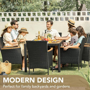 Devoko Dining 7 PCS Furniture, Patio Conversation Set with Acacia Wood Table Top, Rattan Outdoor, Black - Wigtrends
