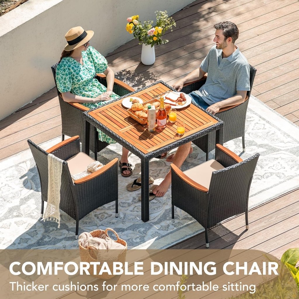 Devoko Dining 7 PCS Furniture, Patio Conversation Set with Acacia Wood Table Top, Rattan Outdoor, Black - Wigtrends