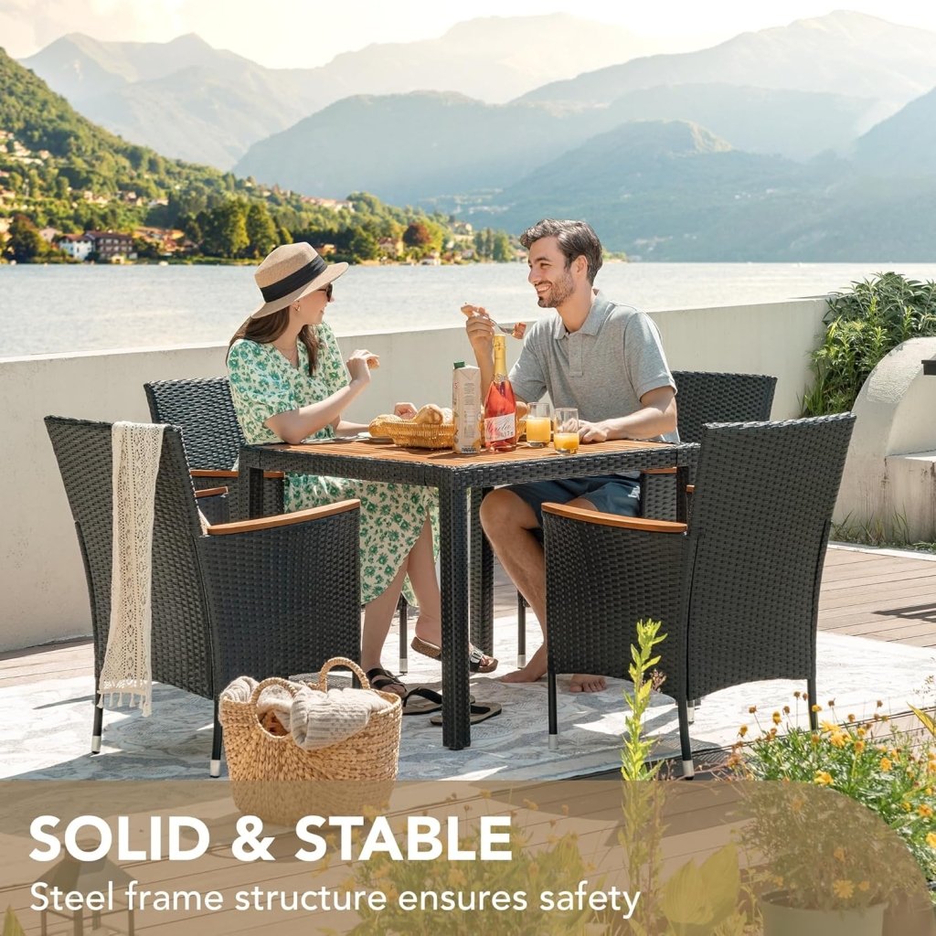 Devoko Dining 7 PCS Furniture, Patio Conversation Set with Acacia Wood Table Top, Rattan Outdoor, Black - Wigtrends