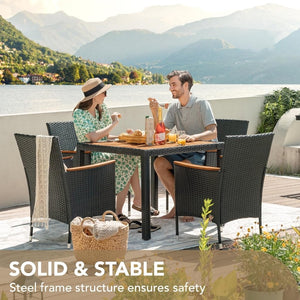 Devoko Dining 7 PCS Furniture, Patio Conversation Set with Acacia Wood Table Top, Rattan Outdoor, Black - Wigtrends