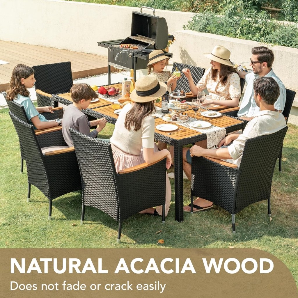Devoko Dining 7 PCS Furniture, Patio Conversation Set with Acacia Wood Table Top, Rattan Outdoor, Black - Wigtrends
