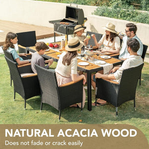 Devoko Dining 7 PCS Furniture, Patio Conversation Set with Acacia Wood Table Top, Rattan Outdoor, Black - Wigtrends