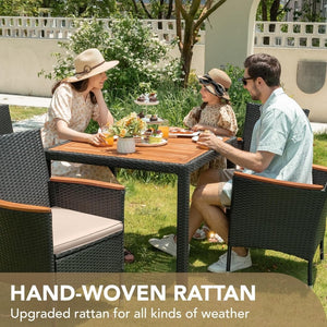 Devoko Dining 7 PCS Furniture, Patio Conversation Set with Acacia Wood Table Top, Rattan Outdoor, Black - Wigtrends