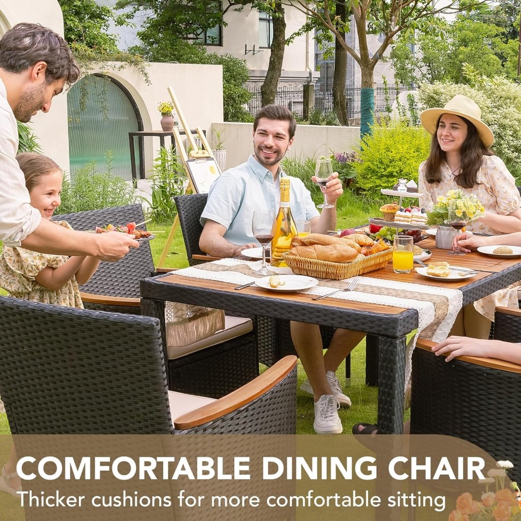 Devoko Dining 7 PCS Furniture, Patio Conversation Set with Acacia Wood Table Top, Rattan Outdoor, Black - Wigtrends