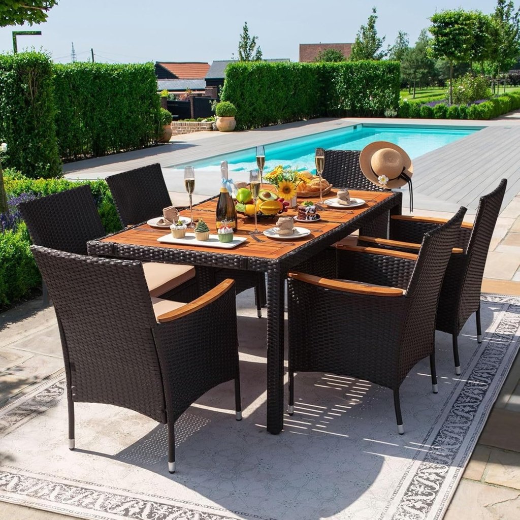 Devoko Dining 7 PCS Furniture, Patio Conversation Set with Acacia Wood Table Top, Rattan Outdoor, Black - Wigtrends
