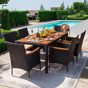 Devoko Dining 7 PCS Furniture, Patio Conversation Set with Acacia Wood Table Top, Rattan Outdoor, Black - Wigtrends