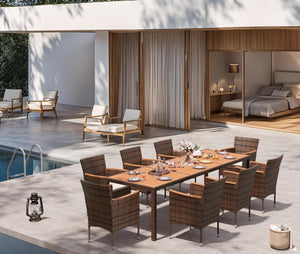 Devoko Dining 7 PCS Furniture, Patio Conversation Set with Acacia Wood Table Top, Rattan Outdoor, Black - Wigtrends