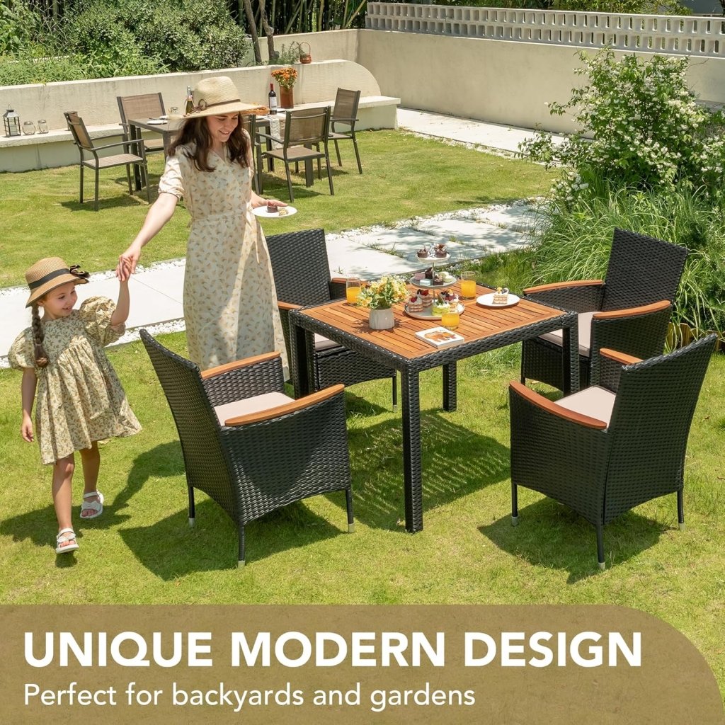 Devoko Dining 7 PCS Furniture, Patio Conversation Set with Acacia Wood Table Top, Rattan Outdoor, Black - Wigtrends