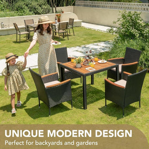 Devoko Dining 7 PCS Furniture, Patio Conversation Set with Acacia Wood Table Top, Rattan Outdoor, Black - Wigtrends