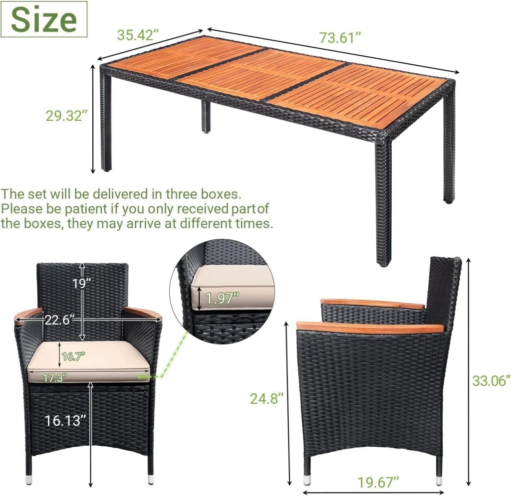 Devoko Dining 7 PCS Furniture, Patio Conversation Set with Acacia Wood Table Top, Rattan Outdoor, Black - Wigtrends