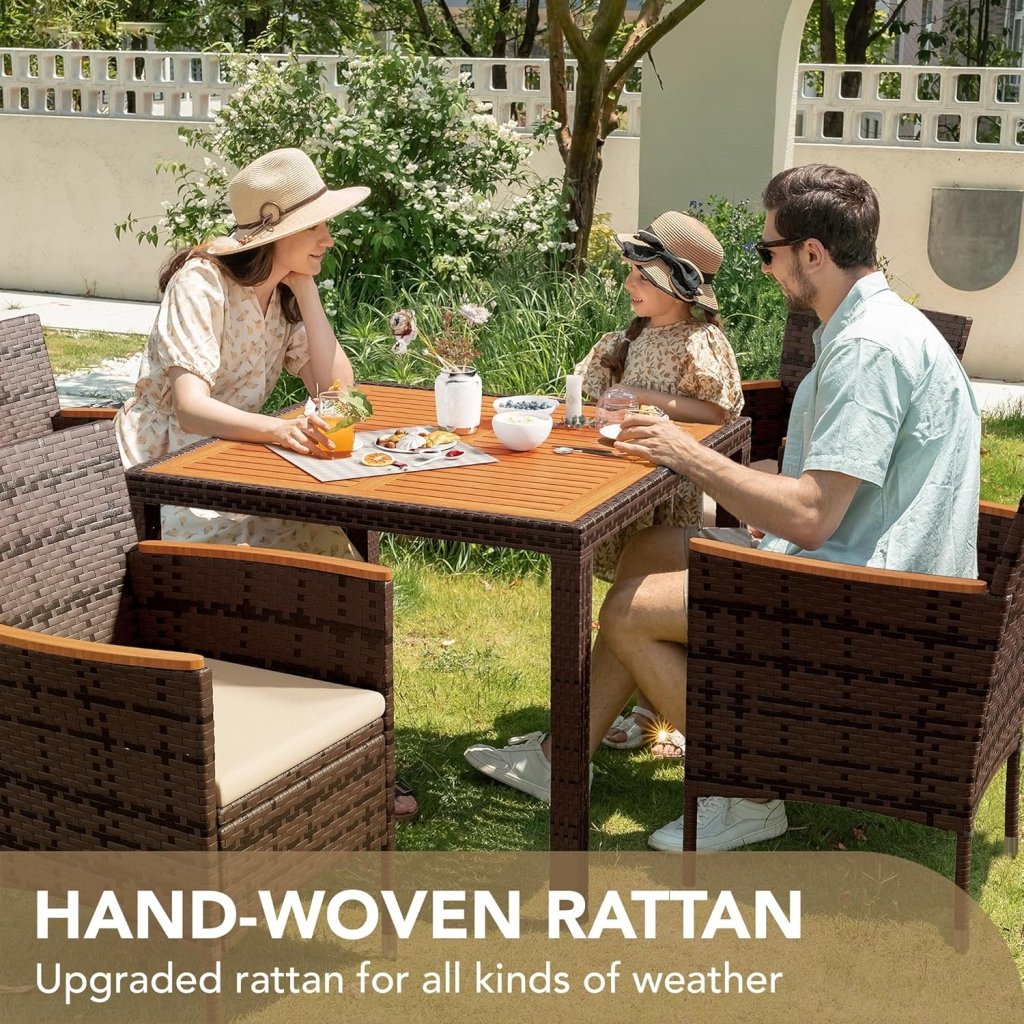 Devoko Dining 7 PCS Furniture, Patio Conversation Set with Acacia Wood Table Top, Rattan Outdoor, Black - Wigtrends