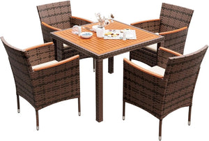 Devoko Dining 7 PCS Furniture, Patio Conversation Set with Acacia Wood Table Top, Rattan Outdoor, Black - Wigtrends
