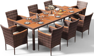 Devoko Dining 7 PCS Furniture, Patio Conversation Set with Acacia Wood Table Top, Rattan Outdoor, Black - Wigtrends