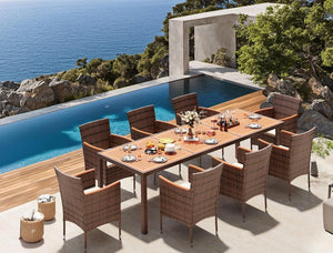 Devoko Dining 7 PCS Furniture, Patio Conversation Set with Acacia Wood Table Top, Rattan Outdoor, Black - Wigtrends