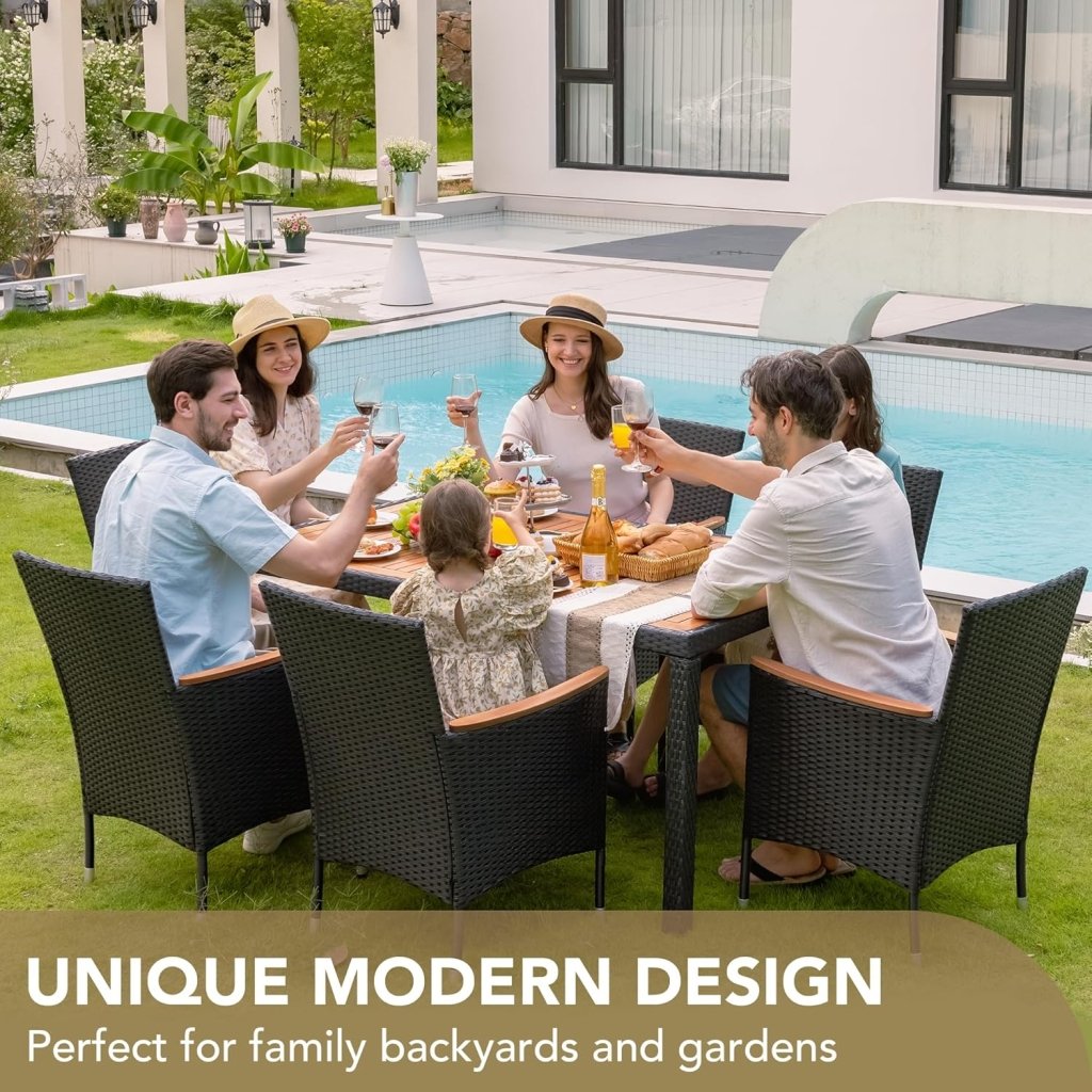 Devoko Dining 7 PCS Furniture, Patio Conversation Set with Acacia Wood Table Top, Rattan Outdoor, Black - Wigtrends