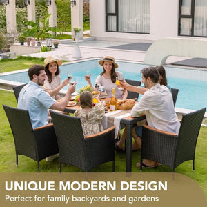 Devoko Dining 7 PCS Furniture, Patio Conversation Set with Acacia Wood Table Top, Rattan Outdoor, Black - Wigtrends